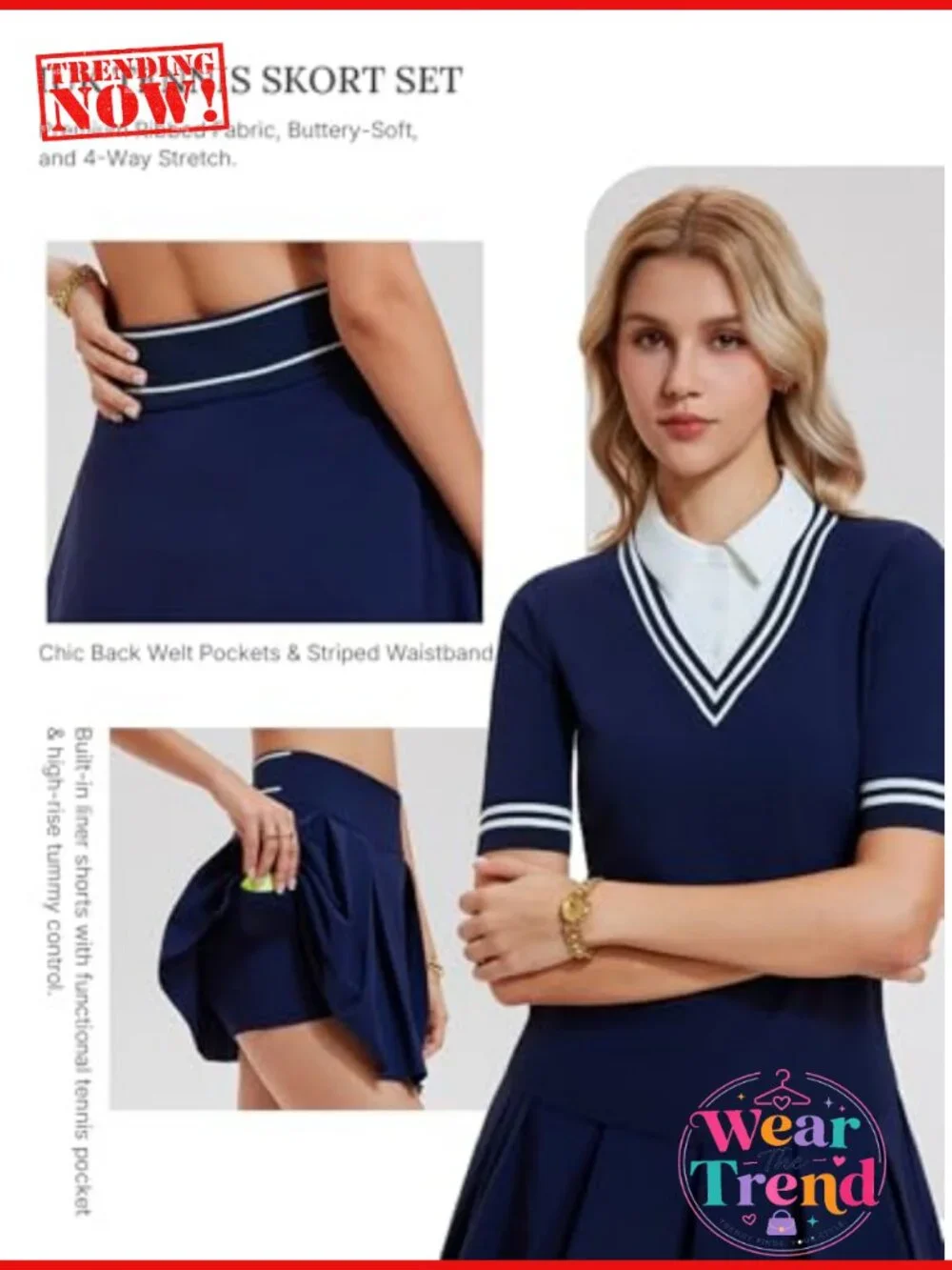 Women's 2 Piece Golf Outfit Set V-Neck Polo Shirt & Pleated Skort Pockets